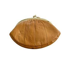 Lee Sands Genuine Eel Skin Leather Double Kiss Lock Brown Clutch Purse Wallet
